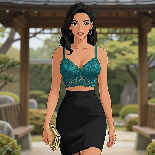 Digital illustration of a confident woman with long black hair, wearing a teal lace crop top and black skirt, holding a gold clutch, standing in a Japanese