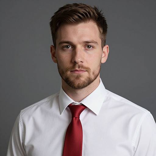Photograph of a serious, bearded Caucasian man with short brown hair, wearing a white dress shirt and red tie, against a grey background.