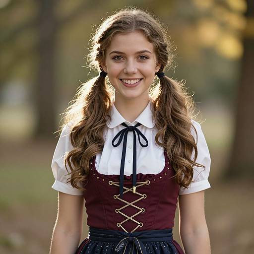 Photograph of a smiling young woman with long, wavy brown hair in pigtails, wearing a maroon dirndl with white blouse and black