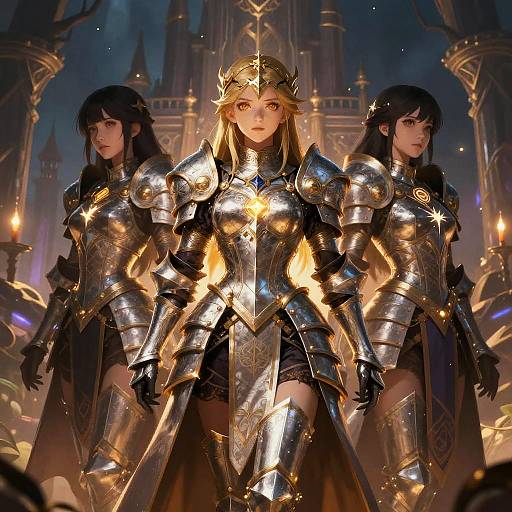 Digital art of three armored women with golden crowns, silver armor, and long black hair, standing confidently in a glowing, castle-filled night scene.