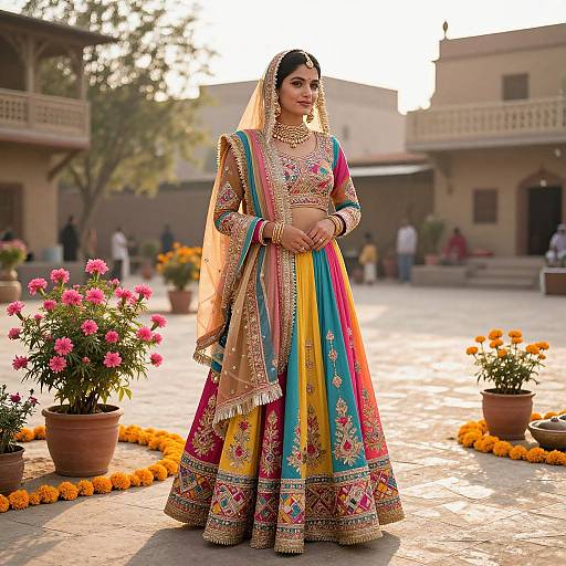 Photograph of a South Asian woman in a vibrant, embroidered traditional lehenga with multi-colored stripes and gold jewelry, standing in a sunlit courtyard with