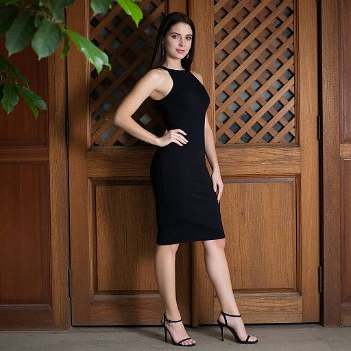 Photograph of a confident woman with long dark hair, wearing a sleeveless black knee-length dress and black high heels, standing against wooden lattice doors with