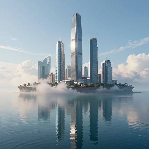 Photorealistic CGI of a futuristic island cityscape with tall, sleek skyscrapers reflecting in calm, mist-covered water under a clear blue sky.