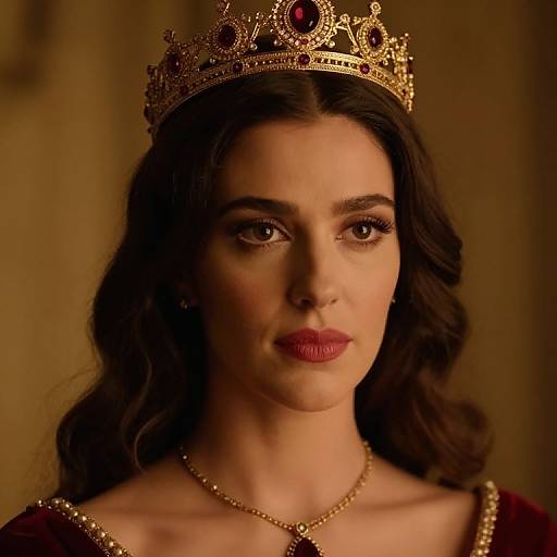 Photograph of a woman with dark wavy hair, wearing a gold crown adorned with red jewels, and a red dress with gold trim, against a