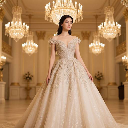 Photograph of a beautiful woman with dark hair in an ornate, off-the-shoulder, ivory wedding gown, standing in a grand ballroom
