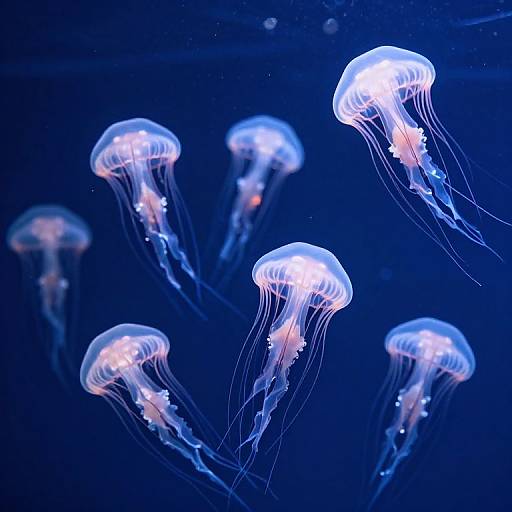 Photograph of glowing blue and white jellyfish with translucent bell-shaped bodies and long, flowing tentacles, floating gracefully in a dark blue underwater scene.