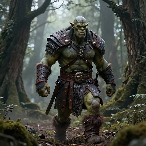 Digital artwork of a muscular, green-skinned orc warrior with pointed ears, wearing dark metal armor and fur-trimmed loincloth, walking through