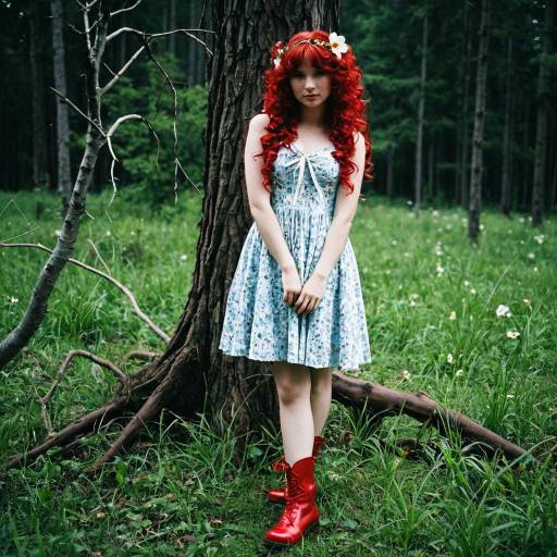 Woman in Blue Dress and Red Boots in Forest