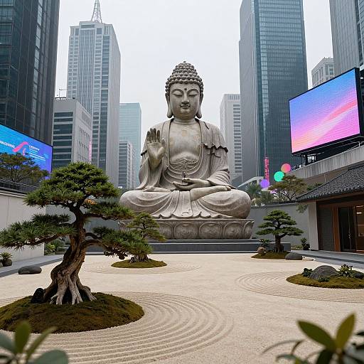 Photograph of a massive seated Buddha statue in a traditional Japanese garden, surrounded by small bonsai trees, skyscrapers, and digital screens.