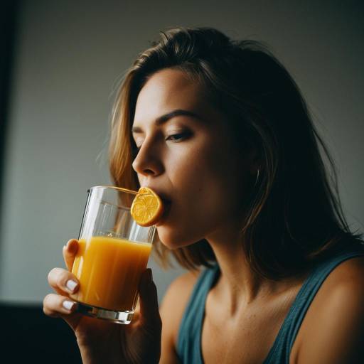 Woman Drinking Orange Juice with Lemon Slice