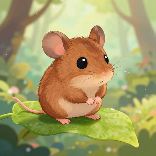 Cute digital illustration of a small, brown mouse with big black eyes, sitting on a green leaf in a sunlit, blurred forest background. The