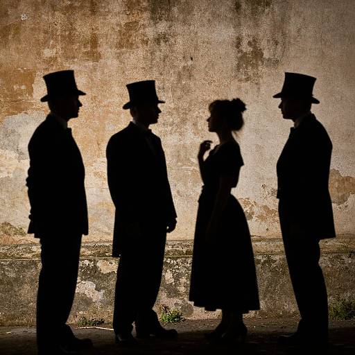 Silhouetted photograph of four people in top hats, standing in front of a textured, weathered wall, with a woman in the center.