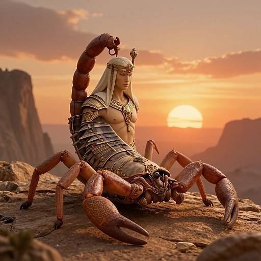 CGI image of a muscular, armored, humanoid scorpion warrior with white headdress, sitting on rocky mountain at sunset, with orange sky and distant