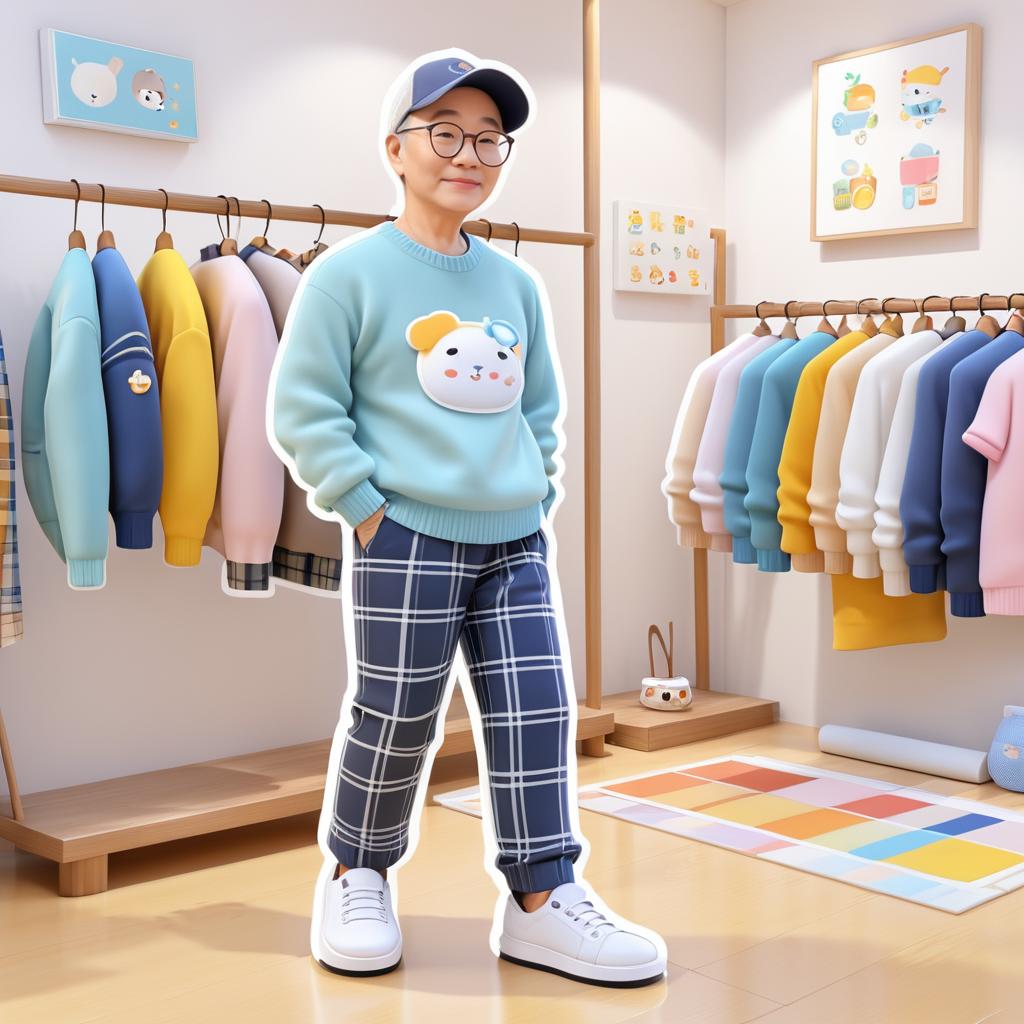 Cheerful Chibi Grandpa Doing Chores