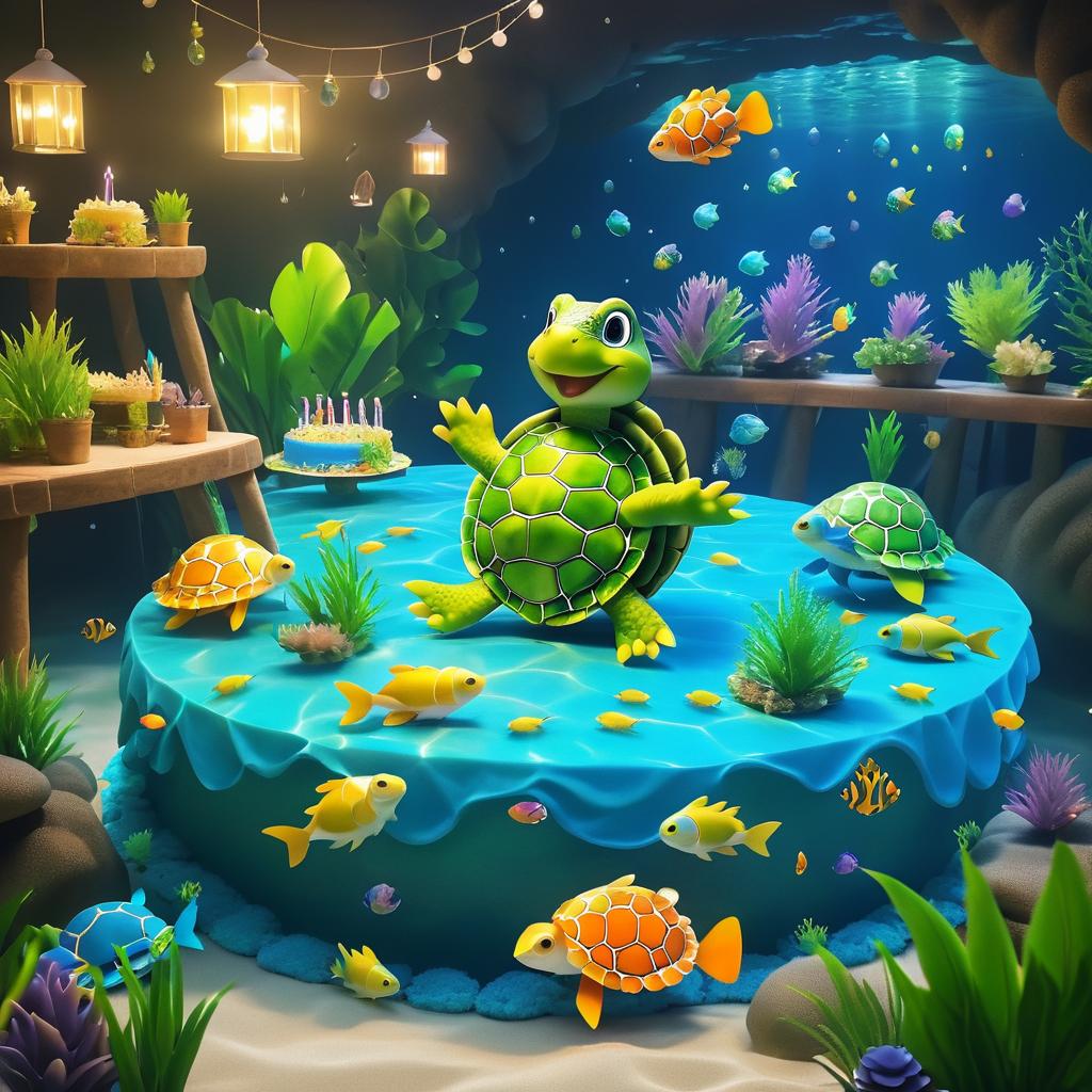 Turtle's Cozy Birthday Party with Fish