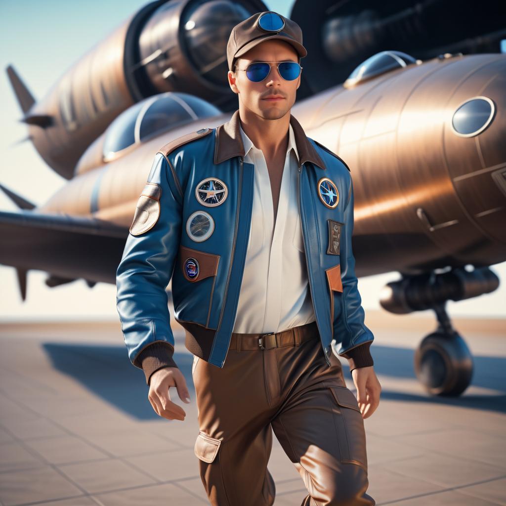 Vintage Futuristic Man Beside Sci-Fi Plane