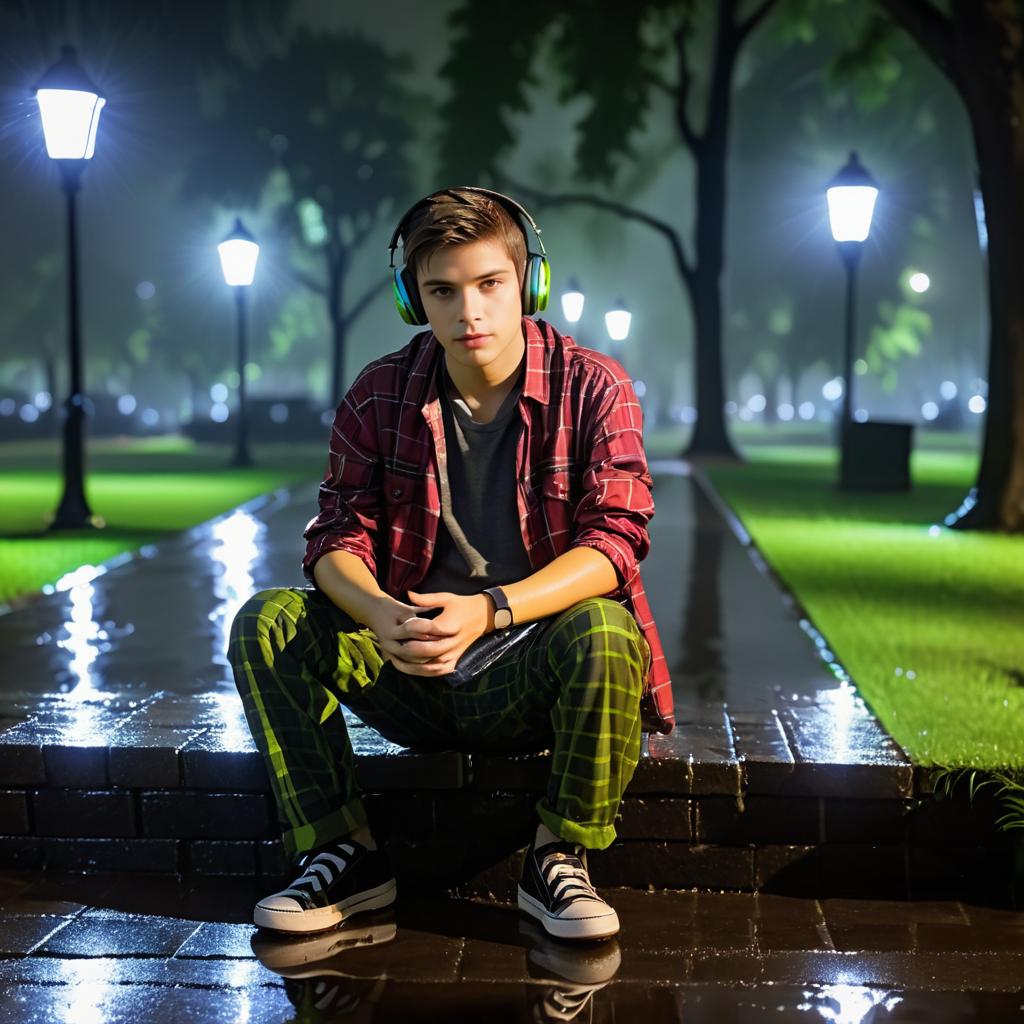 Teenager in Rainy Park at Night