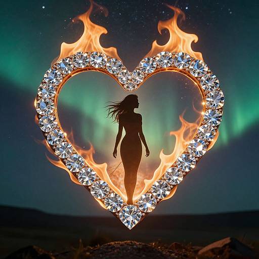 Photograph of a silhouetted woman standing in a glowing, heart-shaped frame of fiery diamonds against a green aurora night sky.