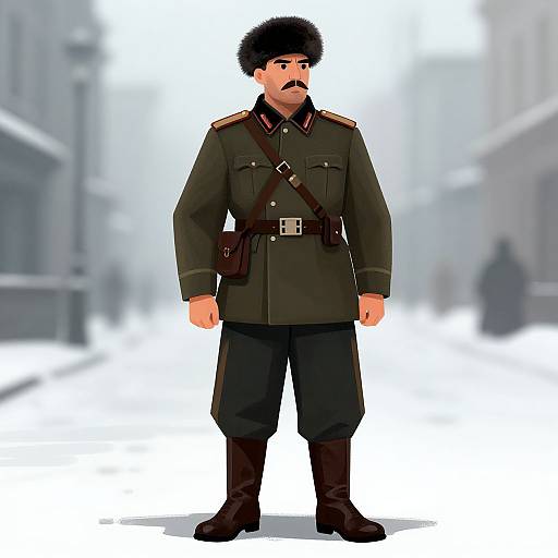 Digital illustration of a stern, mustached man in a black military uniform with a brown satchel, standing on a snowy street.