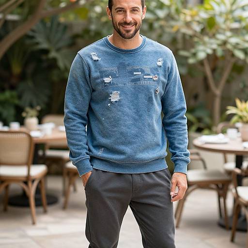 Photograph of a smiling bearded man with short dark hair, wearing a blue, ripped sweater and black pants, standing outdoors in a garden with tables