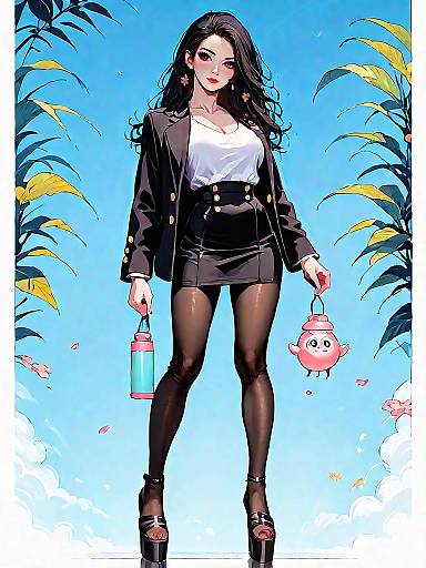 Stylish Woman in Black Blazer and Pink Mini Skirt