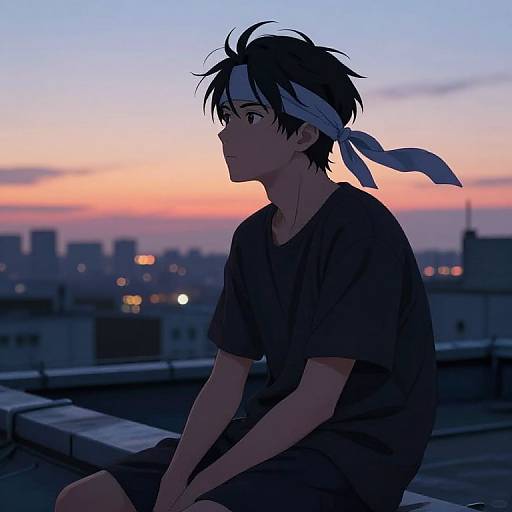 Anime-style digital drawing of a young man with messy black hair, wearing a dark t-shirt and headband, sitting on a rooftop at dusk, with