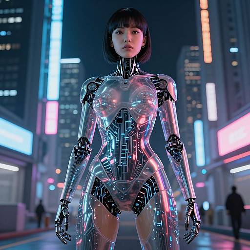 CGI image of a futuristic, silver, robotic woman with black bob haircut, neon cityscape background, glowing lights, and cybernetic patterns.