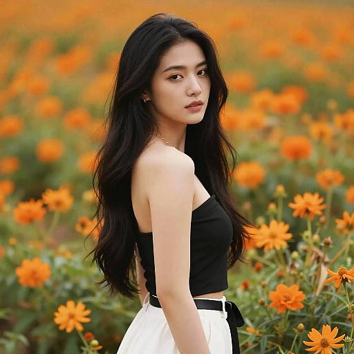Elegant Woman Against Orange Floral Backdrop