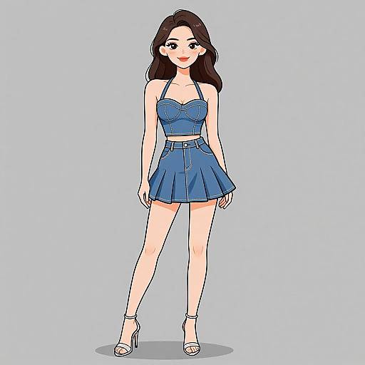 Digital drawing of a smiling woman with long dark hair, wearing a blue strapless top and matching skirt, white high heels, against a light blue background
