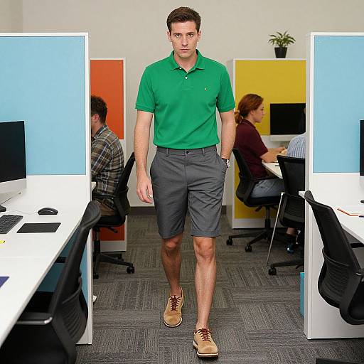 Photograph of a young man in a green polo shirt and gray shorts walking through a modern office with colorful cubicle dividers.
