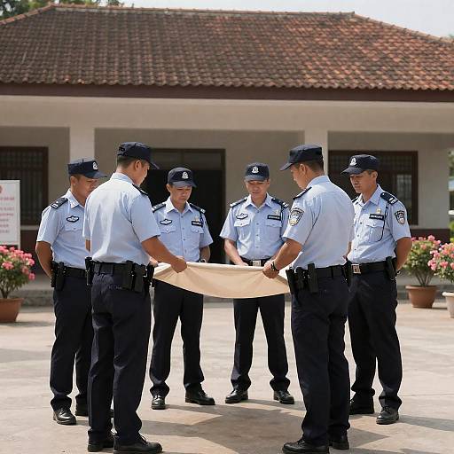 Police Officers Inspect Beige Flag Outdoors