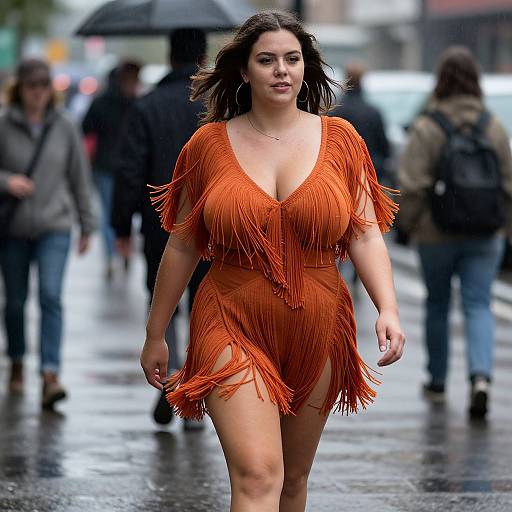 Photograph of a confident woman with dark hair, wearing an orange fringed dress, walking on a wet, rainy city street with blurred pedestrians and an