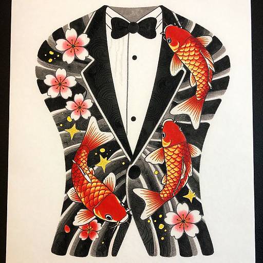 Digital artwork of a black tuxedo with a bow tie, adorned with red koi fish and pink cherry blossoms, creating a vibrant, traditional