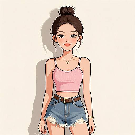 Digital anime-style drawing of a smiling young woman with fair skin, dark hair in a bun, pink crop top, and high-waisted denim shorts