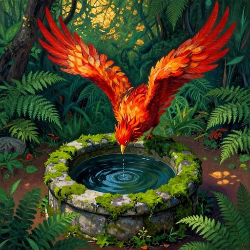 Digital painting of a vibrant red phoenix with fiery feathers, dipping into a moss-covered stone well in a lush, dense forest.