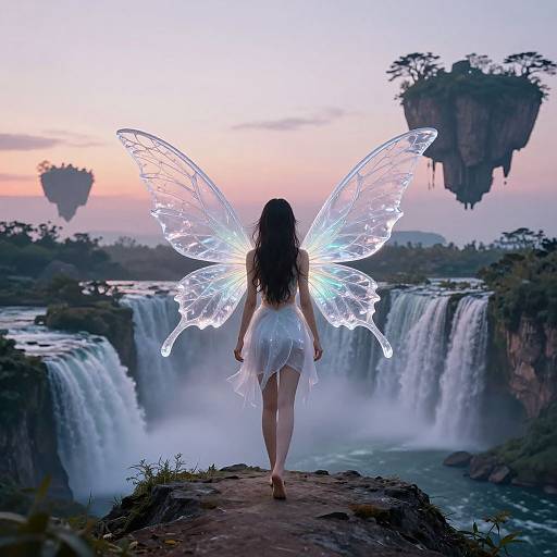 Photograph of a fairy with glowing, translucent wings, long dark hair, wearing a white dress, standing on a rocky cliff overlooking multi-tiered water