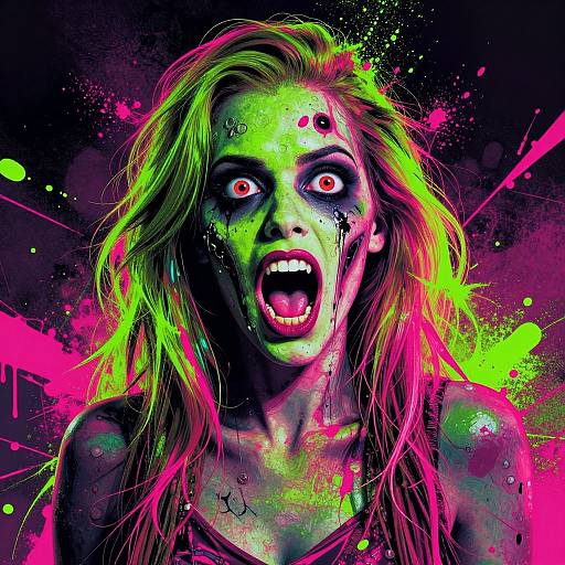 Vivid digital artwork of a shocked, green-faced woman with neon hair, wide eyes, and open mouth, splattered with bright pink, green,