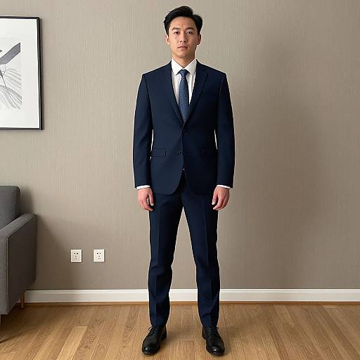 Photograph of an Asian man in a dark navy suit, white shirt, and black tie, standing in a modern, minimalistic room with gray walls
