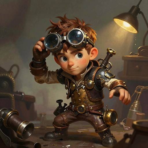 Steampunk Inventor Boy in Action