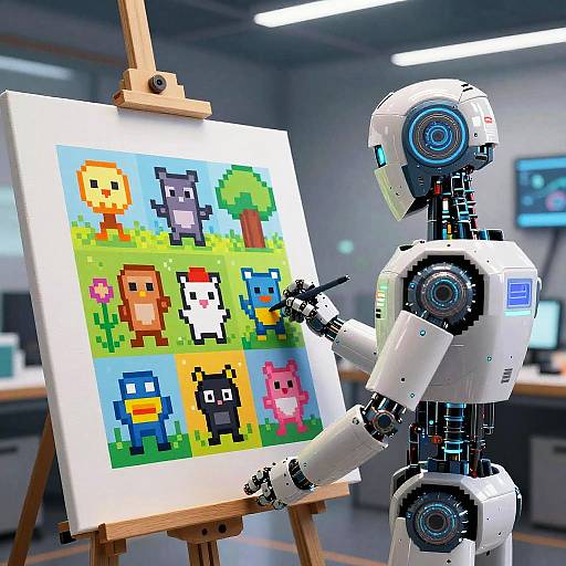 CGI image of a white, humanoid robot painting a colorful pixel art landscape featuring various cartoon characters on an easel in a modern, well-lit