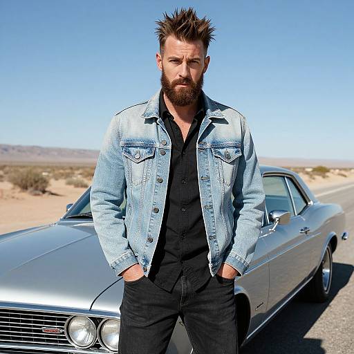 Photograph of a bearded man with spiked hair, wearing a light blue denim jacket and black shirt, standing in front of a silver classic car in