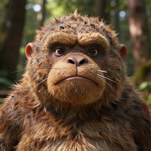 Close-up photograph of a realistic CGI gorilla with brown, textured fur, expressive brown eyes, and a serious expression, set against a blurred forest background