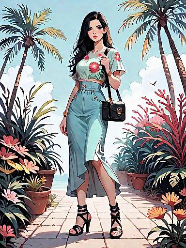 Stylish Woman in Tropical Outfit on Sidewalk