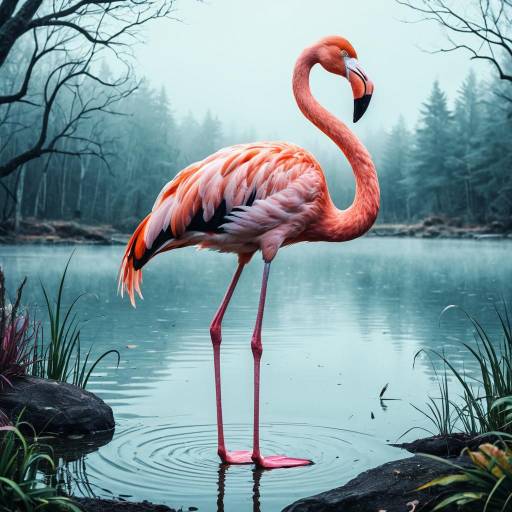 Pink Flamingo by Mystic Lake in Fog