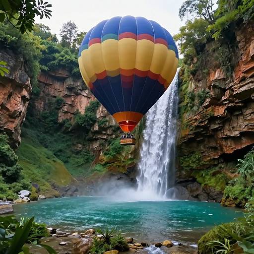 Photograph of a colorful hot air balloon hovering above a waterfall, landing in a turquoise pool surrounded by lush, rocky cliffs.