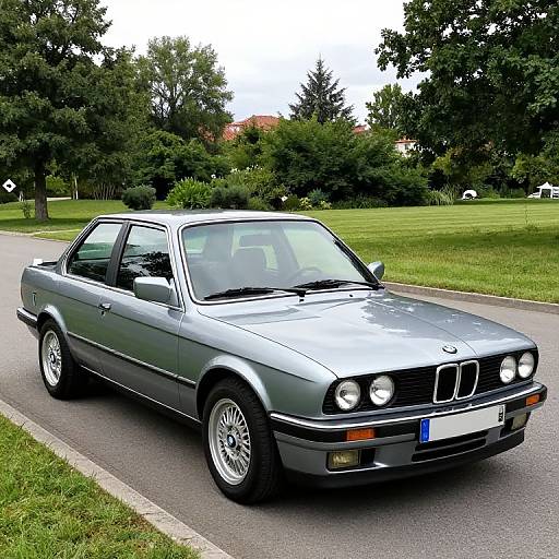 Photograph of a shiny silver classic BMW E30 coupe with four round headlights, parked on a suburban street with lush green grass and trees in the background