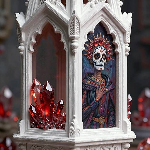 Photograph of a detailed, white gothic lantern containing a skeletal figure adorned with red crystals and a jeweled crown, with a dark, ornate