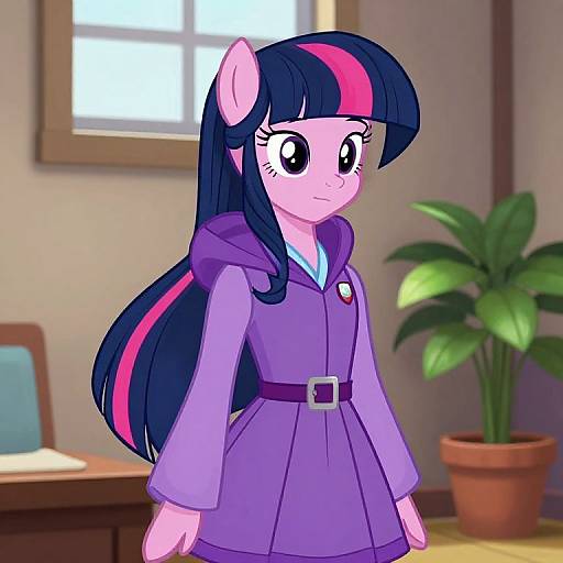 Digital drawing of a pink, purple-haired pony wearing a purple hooded dress with a belt, standing in a brightly lit room with a potted plant