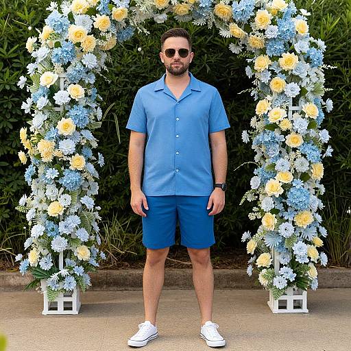 Photograph of a bearded man in blue polo and shorts, white sneakers, sunglasses, standing before a floral arch with yellow and blue flowers, green