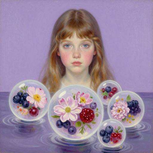 Digital painting of a young girl with fair skin and brown hair, surrounded by five transparent spheres filled with flowers and berries, set against a lavender background.